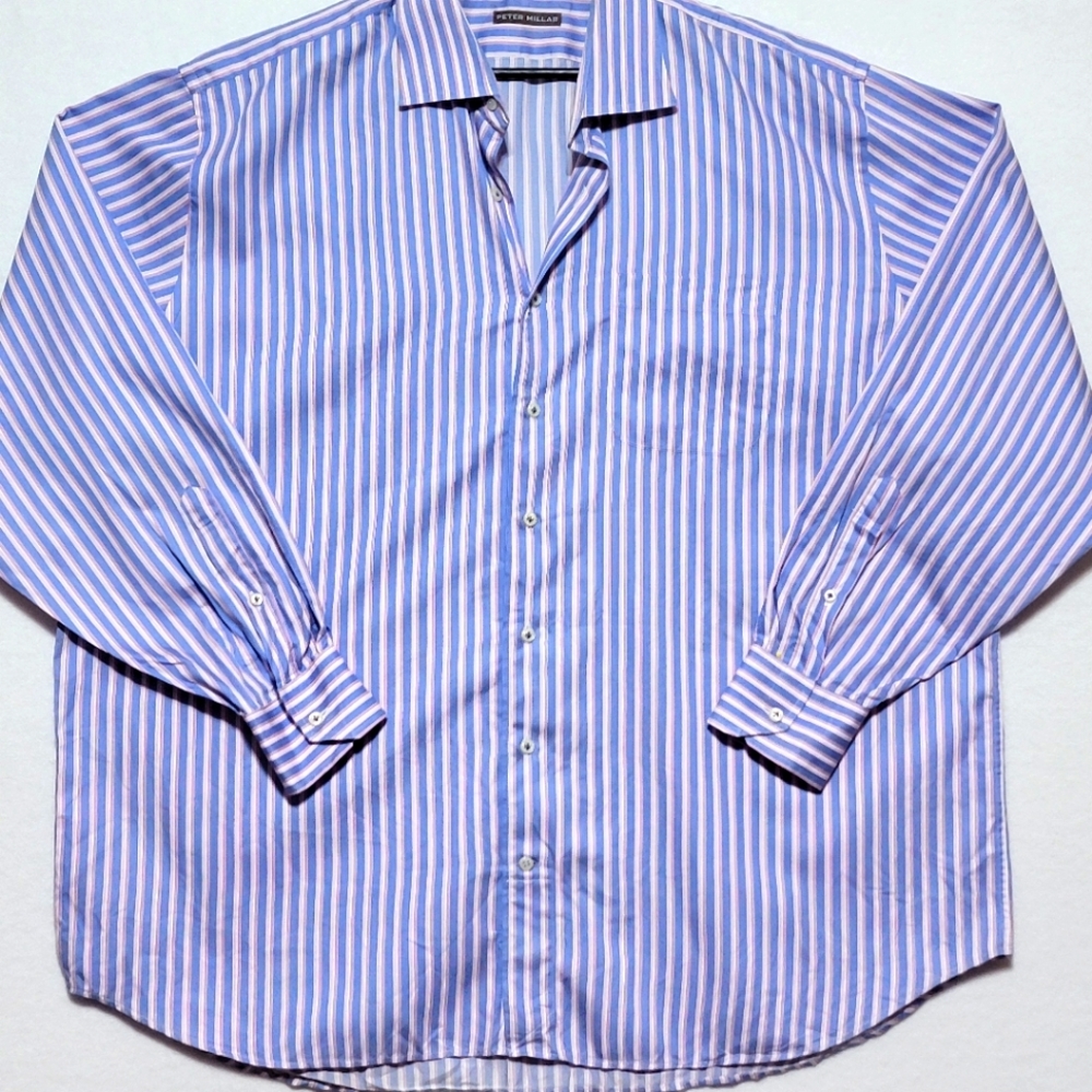 Peter Millar Button Up Shirt Adult XXL Blue Pink Long Sleeve #706